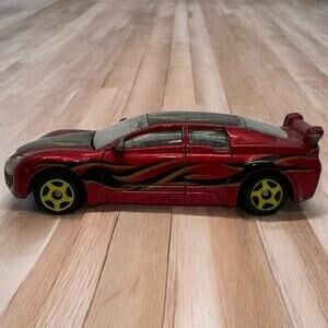 Red Diecast Toy Car with Yellow Flame Decals & Rear Spoiler 1:64